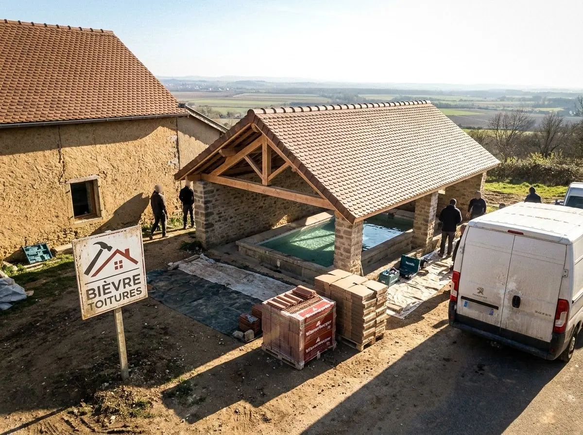 Lavoir couvert en tuiles écailles neuves et charpente en chêne par Bièvre Toitures, panneau de l'entreprise, plaine de Bièvre au fond, La Côte-Saint-André